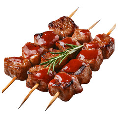 Delicious beef skewers with rosemary and sauce isolated on transparent background