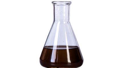 Glass flask containing dark liquid on transparent background