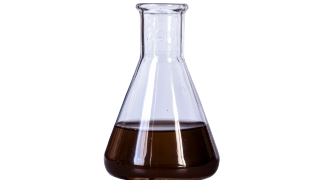Glass flask containing dark liquid on transparent background