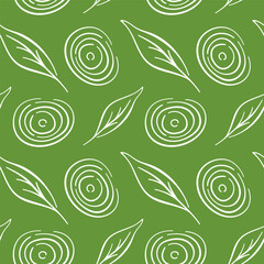 Seamless pattern with line art style onion ring and herb leaves on green background. Perfect for kitchen wallpaper, grocery store and healthy cooking design.