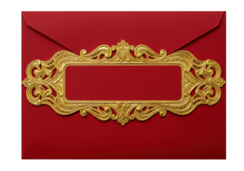 Elegant gold ornate frame on red envelope isolated on transparent background