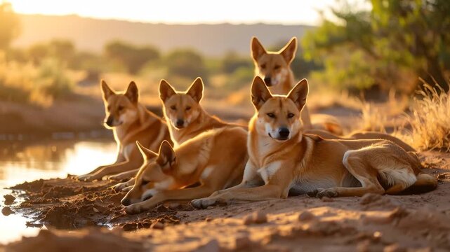 Australian Dingoes Resting by Waterhole at Sunrise