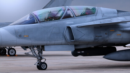 Close up of modern aircraft military fighter jet.