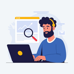 A man with headphones analyzes data on a laptop, surrounded by website elements and graphs.