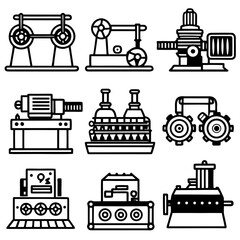 Collection of industrial machinery silhouettes isolated on white background