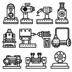 Collection of industrial machinery silhouettes isolated on white background