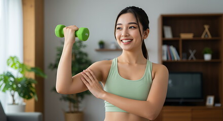 Fit Asian woman working out at home with dumbbells smiling happily