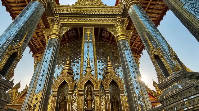 Ornate temple interior showcasing intricate golden statues and reflective surfaces at sunset