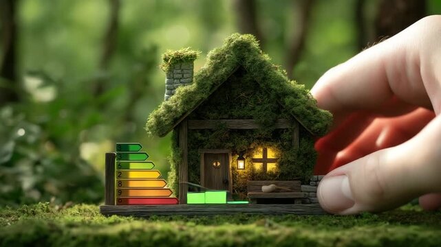Nachhaltiges Minihaus mit Symbolen f&uuml;r Solar, Wasser und Pflanzenenergie. K&uuml;nstliche Intelligenz KI