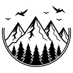 Fototapeta premium Mountain forest scene with birds silhouette isolated on white background