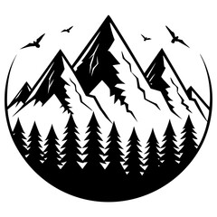 Mountain landscape with pine trees and birds silhouette isolated on white background