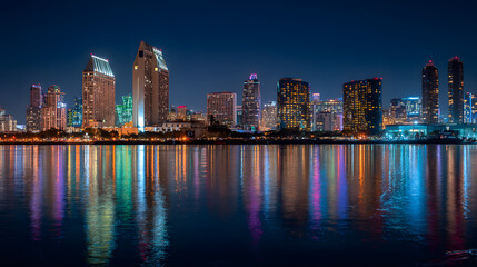 Obraz premium A vibrant city skyline illuminated by glowing lights against a softly blurred night backdrop.