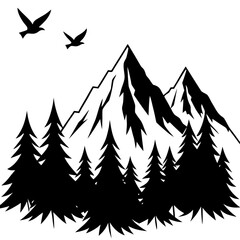 Mountain forest and birds silhouette on white background isolated on white background