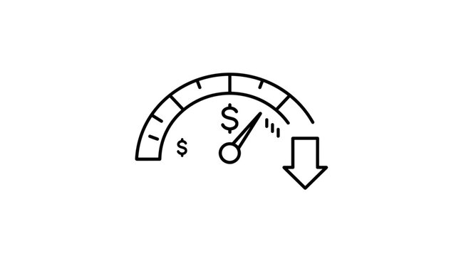 Dollar sign gauge with downward arrow indicating decrease in value  