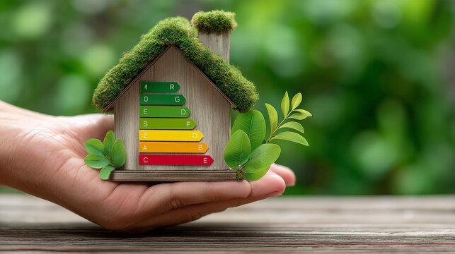 Energieeffizientes Miniaturhaus mit Energieklassen-Skala in gr&uuml;ner Natur. K&uuml;nstliche Intelligenz KI