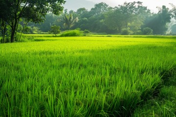 Obraz premium Vibrant green rice plants growing in a paddy field, creating a tranquil tropical landscape