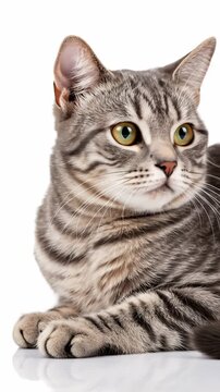Gray Tabby Cat lying on a white surface, showcasing its sleek stripes and intense, focused gaze