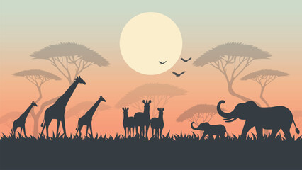 Vector Illustration of Wild Animals in Africa at Sunset.