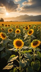 Fototapeta premium Golden Sunflowers Under Dramatic Sky field yellow