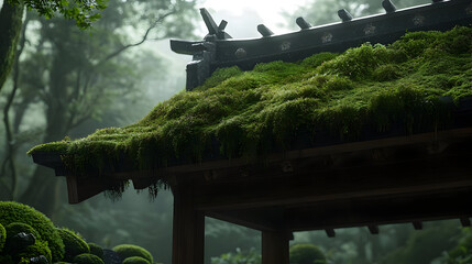 Moss-covered roof of a traditional wooden structure in a misty forest garden.  The roof is a vibrant green with lush moss