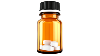 Clear glass bottle with white tablets on a transparent background