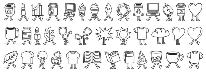 Funny walking icons for creative projects featuring food, drinks, and objects in a quirky and whimsical style, ideal for branding or design work