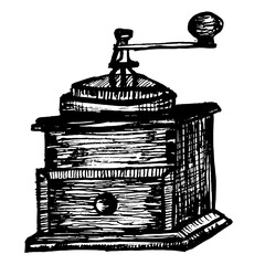 Macinacaff&egrave; manuale retr&ograve;, macinino, schizzo in stile vintage