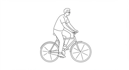 Obraz premium A man with glasses riding a bicycle in a line drawing style on a white background with simple details