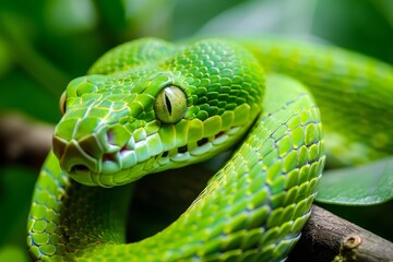Obraz premium Close up of a vibrant green snake coiled on a branch, showcasing its intricate scales and captivating gaze