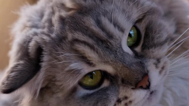Close-up video of a fluffy cat with green eyes, shot from a low angle, capturing the soft texture of its fur and playful expression.