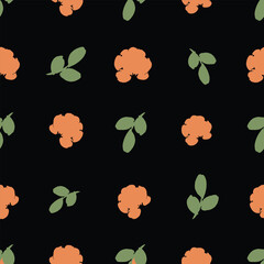 Floral seamless pattern with orange flowers and green leaves on black background.