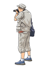 One man professional photographer shooting on camera outdoors, realistic hand drawn vector illustration