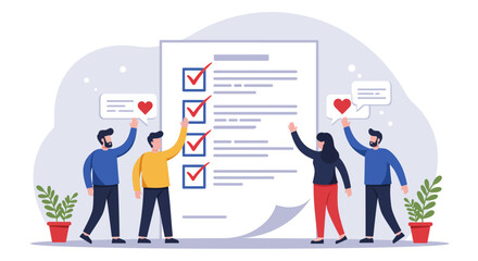Collaborative team successfully completes all tasks on a comprehensive checklist, signifying project achievement, high productivity, and collective satisfaction.