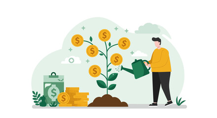 Illustration of financial growth and investment concept with a man watering a money tree. Business success and wealth accumulation.