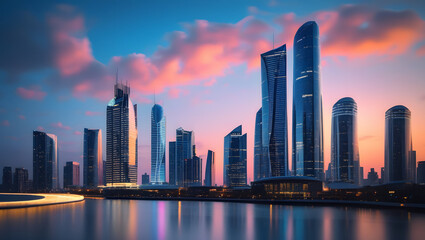 Fototapeta premium Modern skyscrapers lining a waterfront at sunset, reflecting in the calm water.