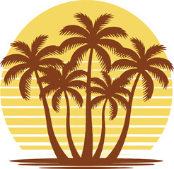 vintage palm tree sunset vector background with retro stripes and silhouette for summer travel holiday projects