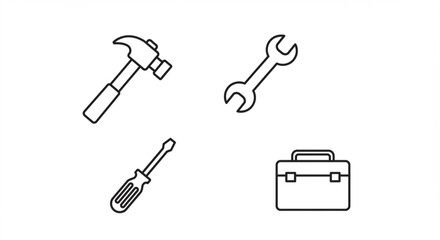 Obraz premium Illustration showing a hammer, a wrench, a screwdriver and a toolbox in a simple line drawing style