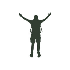 Silhouette of hiker with arms raised, embracing freedom and adventure, celebrating success in nature's beauty