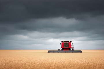 red harvester in wheat field under dramatic cloudy sky