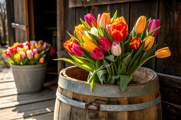 Charming Rustic Barrel Bursting with Colorful Blooming Tulips. AI Generative