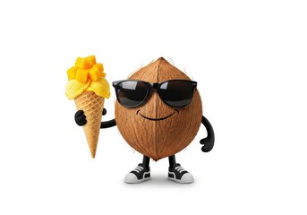 Fototapeta premium A coconut character is holding a mango ice cream isolated on white background