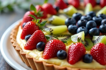 Colorful Summer Fruit Tart Delicious Pastry with Juicy Kiwi, Blueberry, and Strawberry ai generated