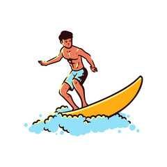 Energetic surfer catching waves on a vibrant yellow surfboard, enjoying summer vacation adventure