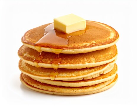 Stack of fluffy pancakes with butter and maple syrup, centered, isolated, clean white 527833
