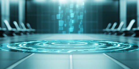 A futuristic digital conference room with glowing holographic interface and sleek modern design.