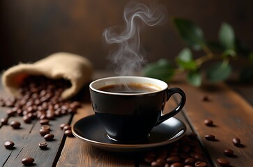 Fototapeta premium Cozy Morning Coffee Hot Drink in Black Mug on Rustic Wooden Background ai generated