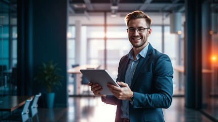 Fototapeta premium man in modern office holds tablet. Smiling businessman in business casual attire, looks happy