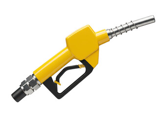 Yellow fuel nozzle with black handle and silver tip, angled view, filling station equipment isolated on transparent background