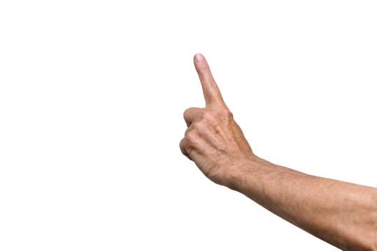 Hand adult man with index finger pointing at something. PNG photo isolated on transparent background