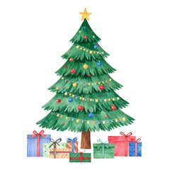 Naklejka premium Watercolor Christmas tree with presents